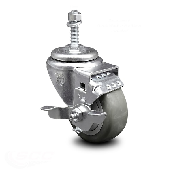 3 Inch Gray Polyurethane Wheel Swivel 10mm Threaded Stem Caster with Brake